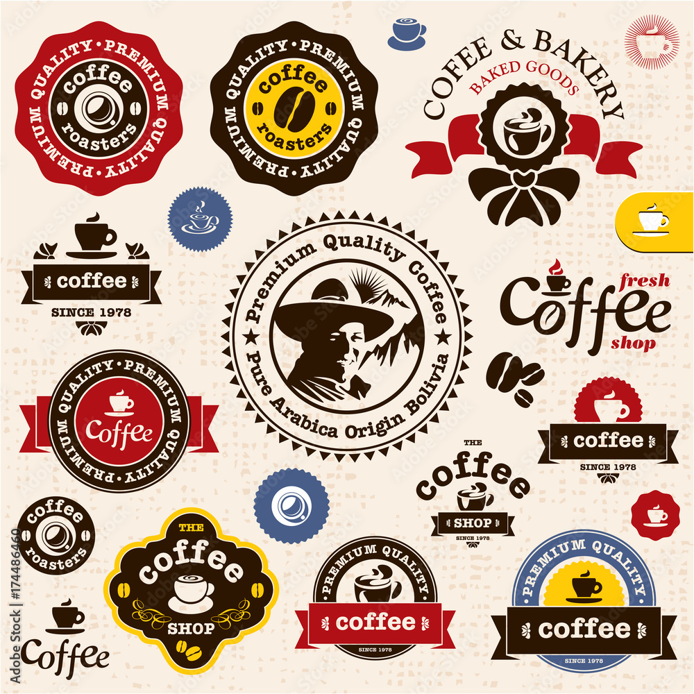 Coffee badges and labels. Bakery and Coffee shop vector sign set. Premium quality coffee sign. Coffee Man emblem.