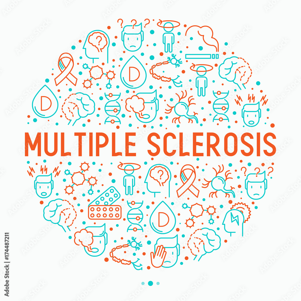 Multiple sclerosis concept in circle with thin line icons of symptoms and treatments: disorientation, heredity, neuron myelin sheaths, vitamin D. Vector illustration for banner, web page.