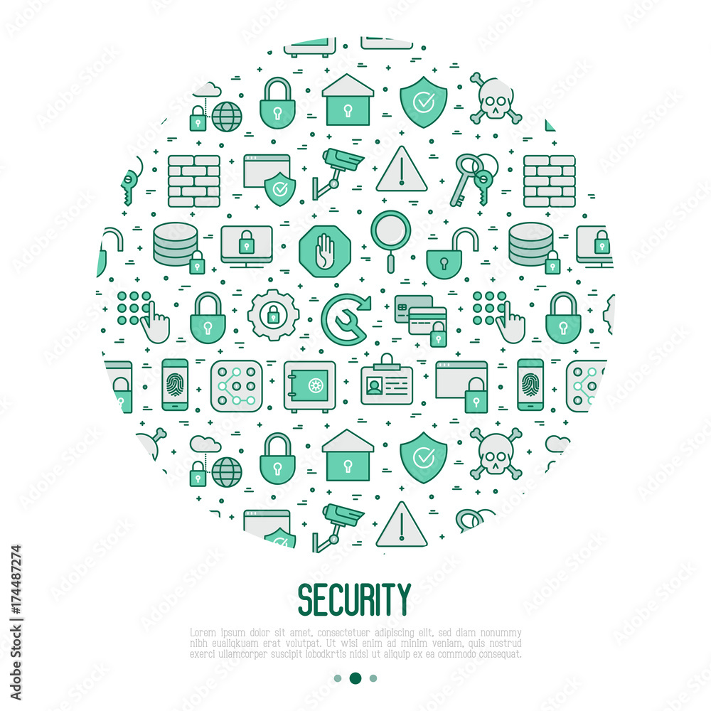 Security and protection concept in circle with thin line icons: data, surveillance camera, finger print, electronic key, password, alarm, safe. Vector illustration for banner, web page, print media. Security and protection concept in circle with thin line icons: data, surveillance camera, finger print, electronic key, password, alarm, safe. Vector illustration for banner, web page, print media.