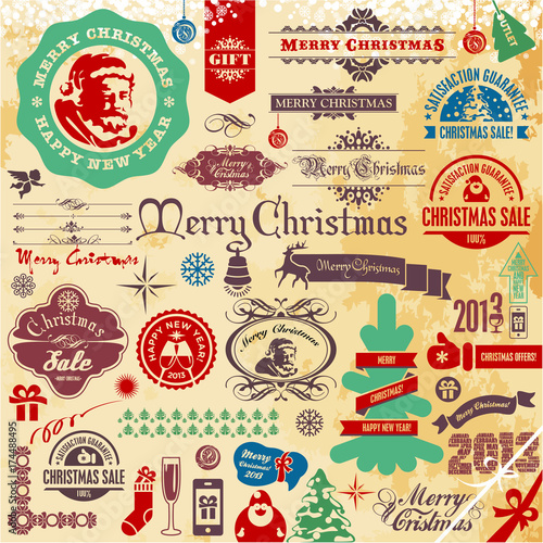 Christmas Ornaments and Decoration Collection. Santa Claus. Christmas Tree. Vintage Retro Christmas Labels and Badges.
