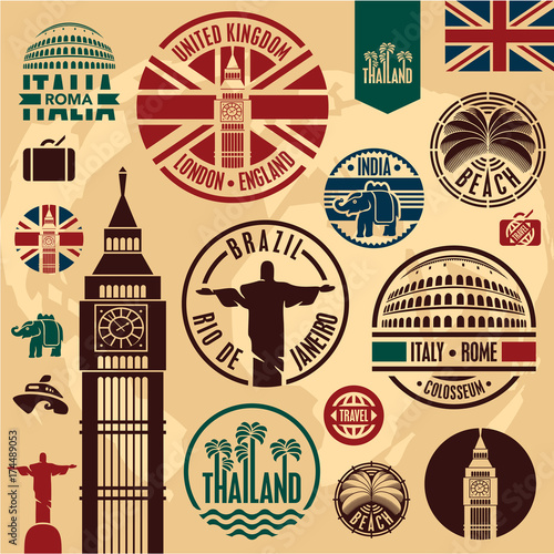 Travel icons. Travel stickers set. Travel stamps collection.