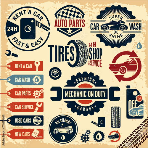 Car service icons. Auto parts. Rent a car. Car wash. Retro vintage car labels set.