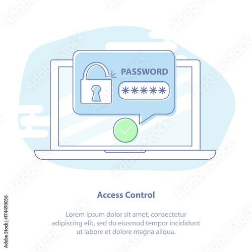 Laptop with password notification, login form and lock. Vector illustration, concept of security, personal access, user authorization, login or sign in form icon, internet protection