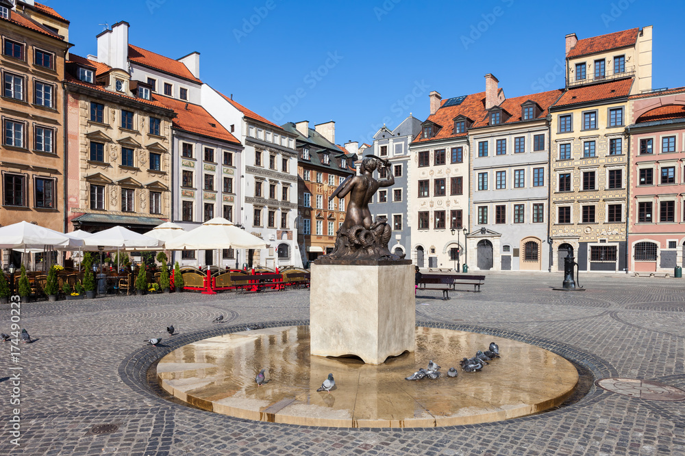 Houses and Mermaid Staute on City of  Warsaw Old Town Square in Poland