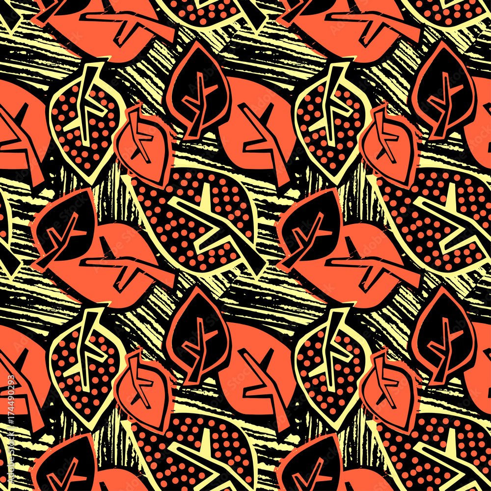 Naklejka premium Seamless autumn leaves pattern,trendy print in collage cut out, carve style.Hand drawn doodle texture.