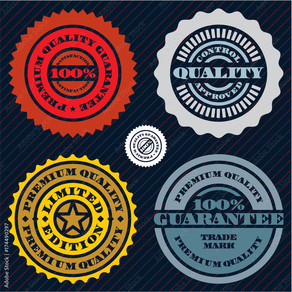 Guarantee stamp set. Premium quality guarantee sign. 100 percent guarantee.