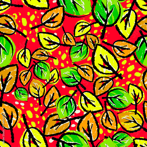 Seamless autumn leaves pattern trendy print in collage cut out  carve style.Hand drawn doodle texture.