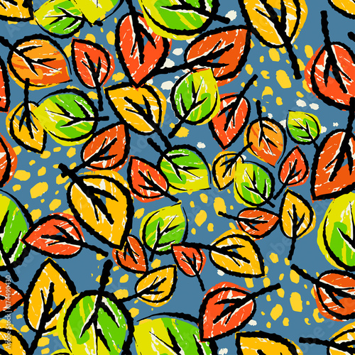 Seamless autumn leaves pattern,trendy print in collage cut out, carve style.Hand drawn doodle texture.