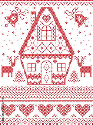 Nordic style and inspired by Scandinavian cross stitch craft Christmas pattern in red, white,  including heart, gingerbread house, reindeer, Christmas bell, snowflakes, snow, Christmas tree
