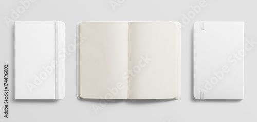 Blank photorealistic notebook mockup on light grey background.