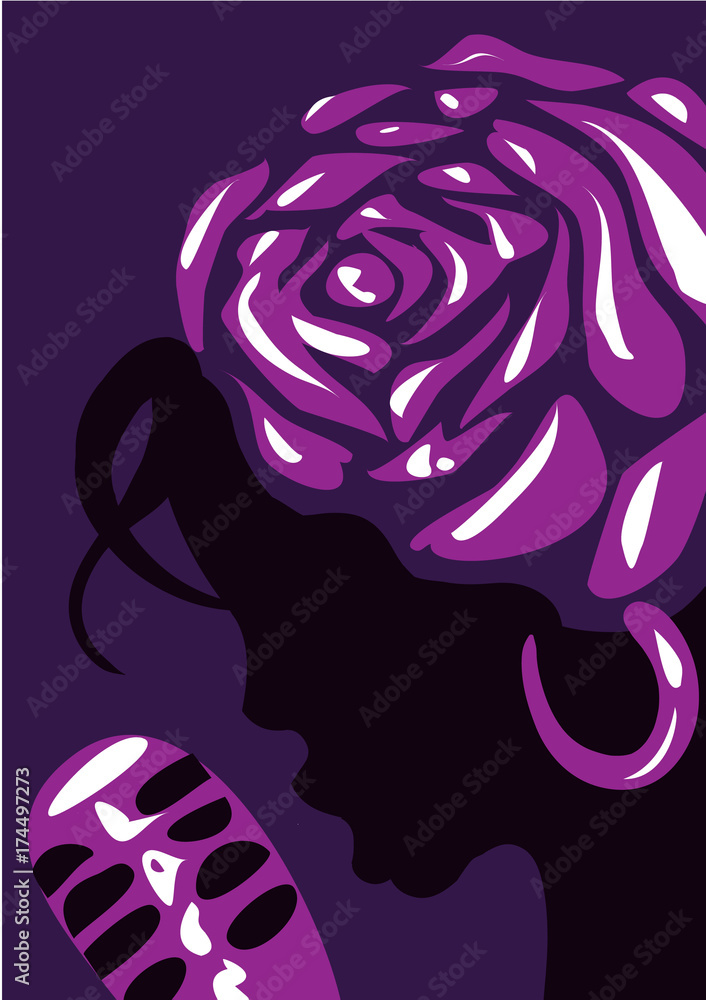 Jazz poster template. Jazz poster with a girl singing into a microphone and a flower on her head. Vector illustration on a color background.