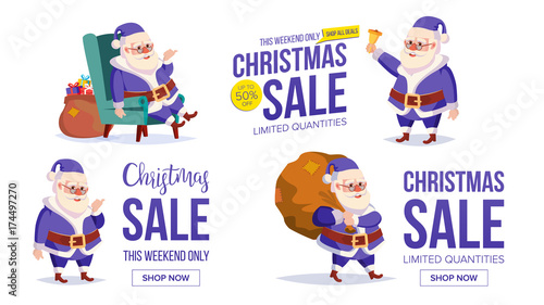Big Christmas Sale Banner Template With Happy Santa Claus Vector. Sale Background Illustration. For Web, Flyer, Xmas Card, Advertising. © PikePicture