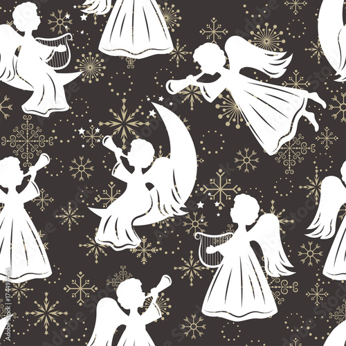 Seamless pattern with snowflakes and angels for Christmas packaging, textiles, wallpaper. Vector illustration.