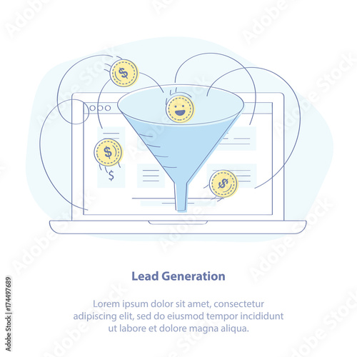 Lead generation, Sales funnel, Marketing process for generating internet business leads. Sales funnel and laptop. Isolated vector illustration.