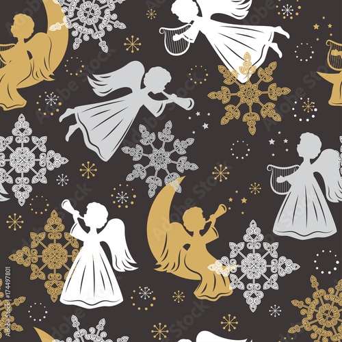 Seamless pattern with snowflakes and angels for Christmas packaging, textiles, wallpaper. Vector illustration.
