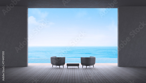 Modern Living room black leather sofa sea view summer 3d rendering