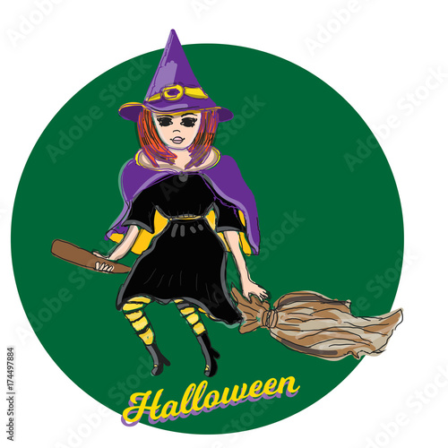 Cute little witch , cartoon magic Halloween young girl, character costume hat, vector illustration.
