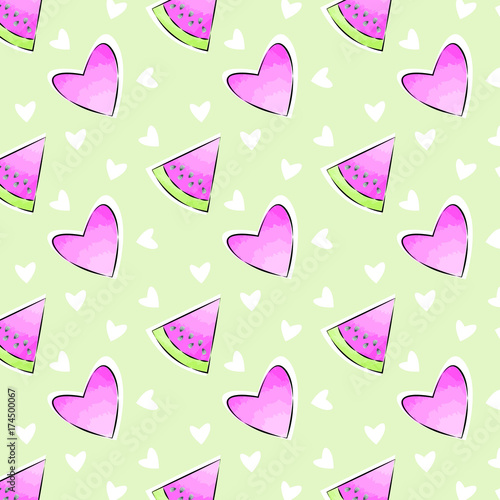 Decorative, abstract watermelon and hearts pattern which can be used for design fabric, backgrounds,  wrapping paper, packages