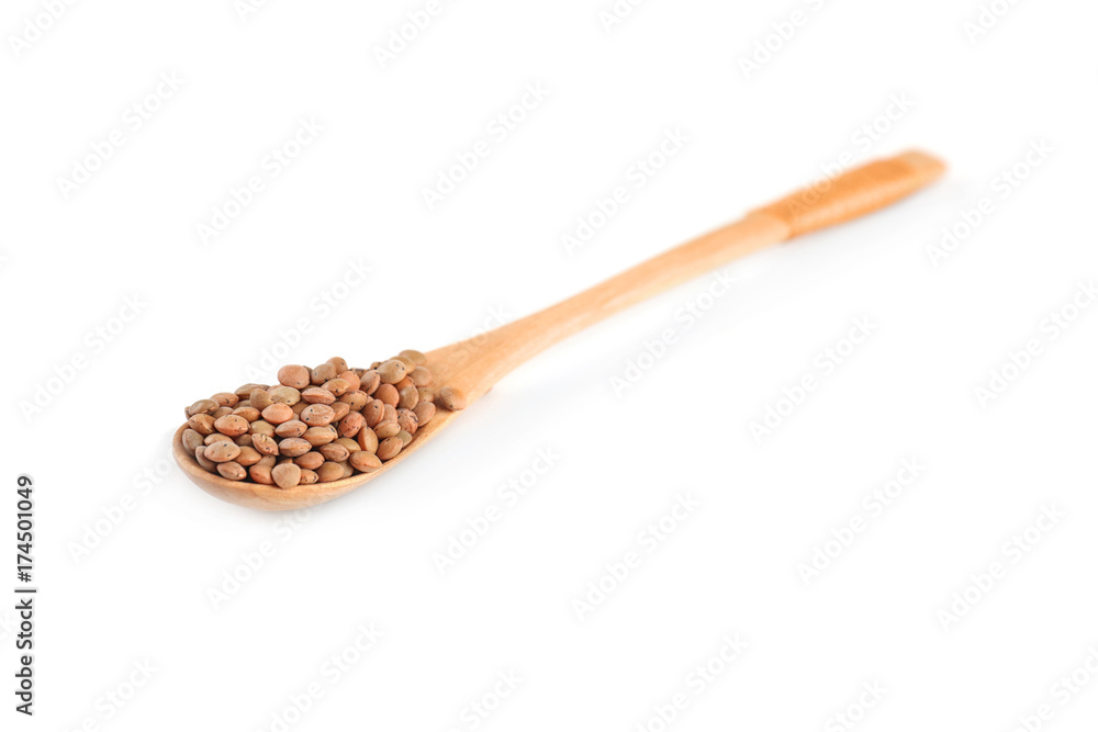 Spoon with healthy lentils, isolated on white Spoon with healthy lentils, isolated on white
