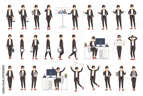 Business woman or female office worker dressed in smart clothing in different postures, moods, situations and expressing various emotions. Flat cartoon character. Colorful vector illustration.