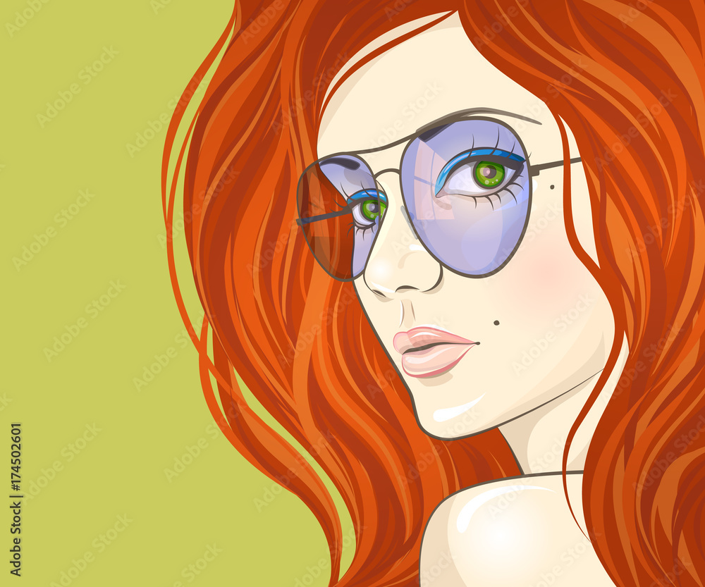 Fashion girl with long red hair in aviator sun glasses. Beautiful female face Fashion girl with long red hair in aviator sun glasses. Beautiful female face