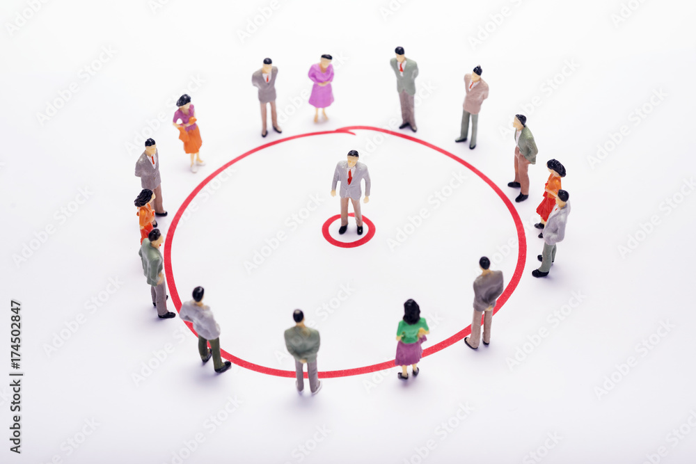 Miniature business people circle scheme over white backdrop or background. Miniature business people circle scheme over white backdrop or background.