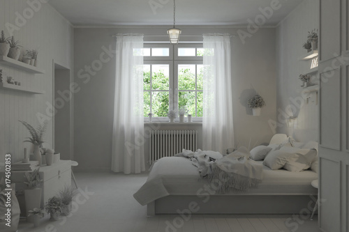 3D Interior rendering of a white bedroom © Enrico Lapponi