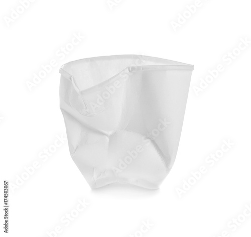 Crushed paper cup on white background