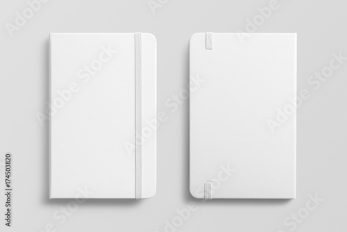 Blank photorealistic notebook mockup on light grey background, front and back view.