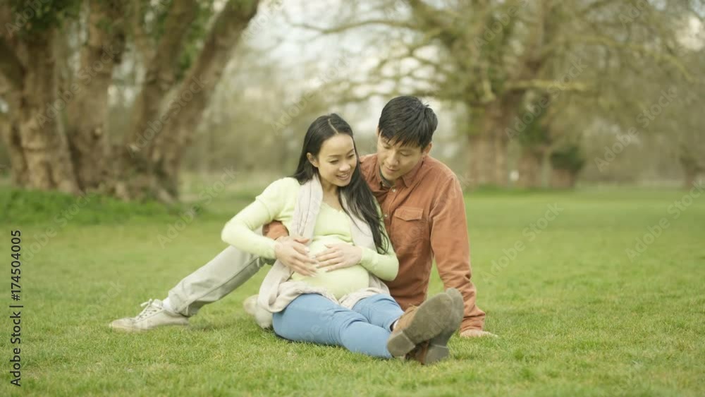 Portrait smiling Asian couple expecting a baby relaxing in the park Portrait smiling Asian couple expecting a baby relaxing in the park