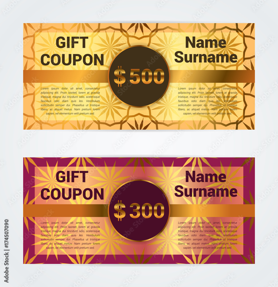 Voucher template, gift coupon, discount banner, golden, metallic decoration, geometric background. Vector illustration