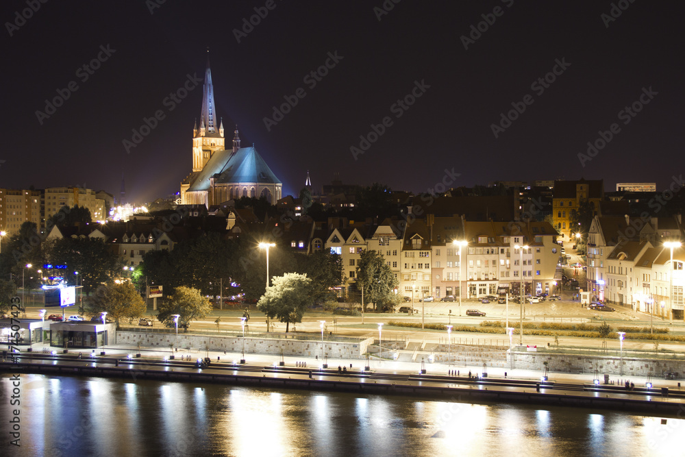 Cathedral church and boulvard by Odra River in Szczecin, Poland., by night. Cathedral church and boulvard by Odra River in Szczecin, Poland., by night.