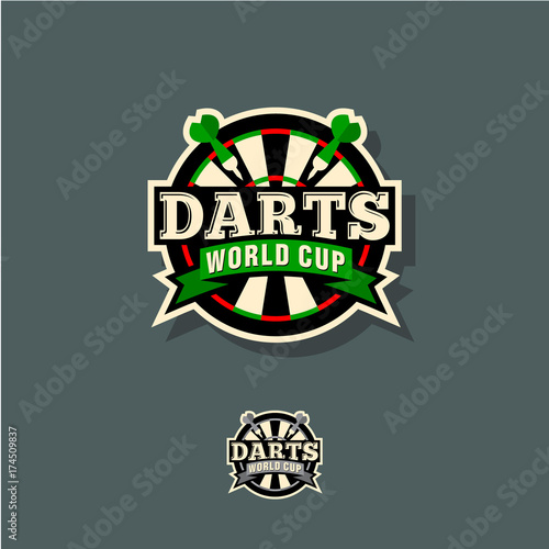 Darts logo. Darts world cup emblem. Target and arrows in a circle with the letters and ribbons.