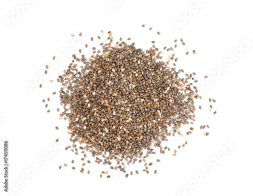 Heap of chia seeds on white background