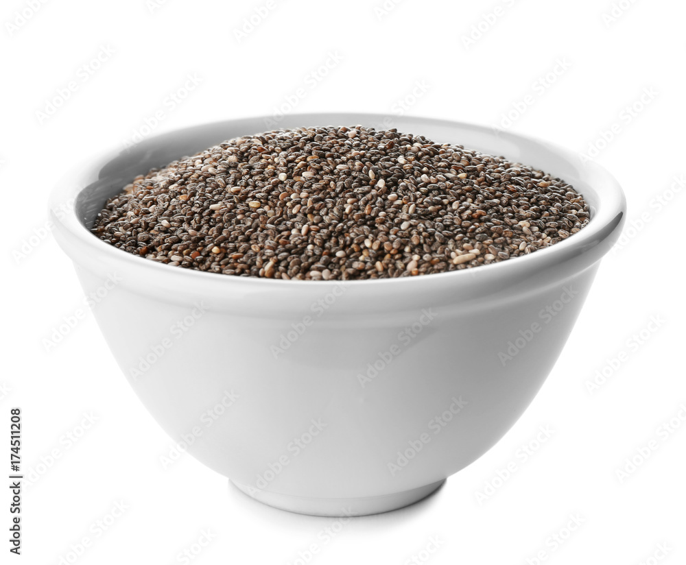 Bowl with chia seeds on white background Bowl with chia seeds on white background