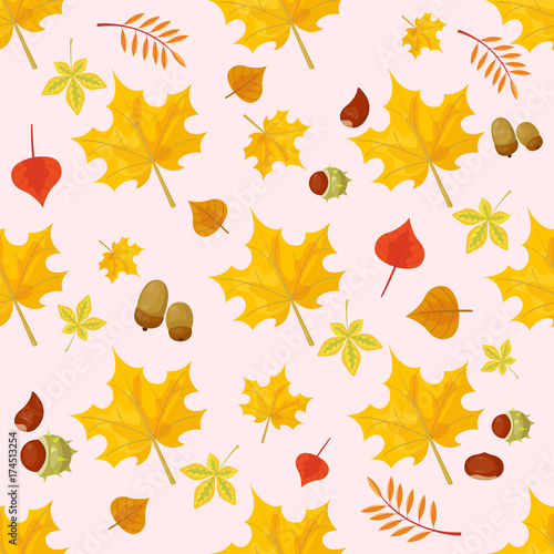Autumn yellow maple leaf season nature seamless pattern plant foliage bright decoration natural vector illustration.