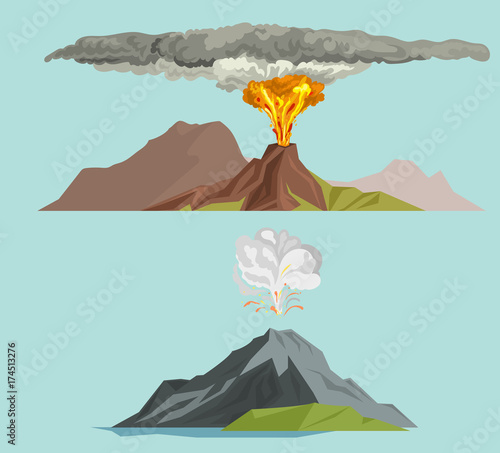 Volcano magma nature blowing up with smoke volcanic eruption lava mountain vector illustration