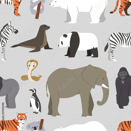 Different kinds deleted species dying rare uncommon red book animals characters vector seamless pattern