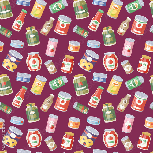 Collection of various tins canned goods food metal container seamless pattern background