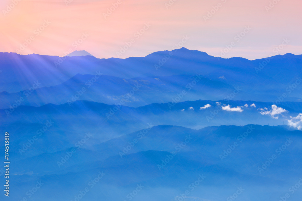 Mountain Fuji and high mountain range at Nagano prefecture, Southern Japan Alps. 