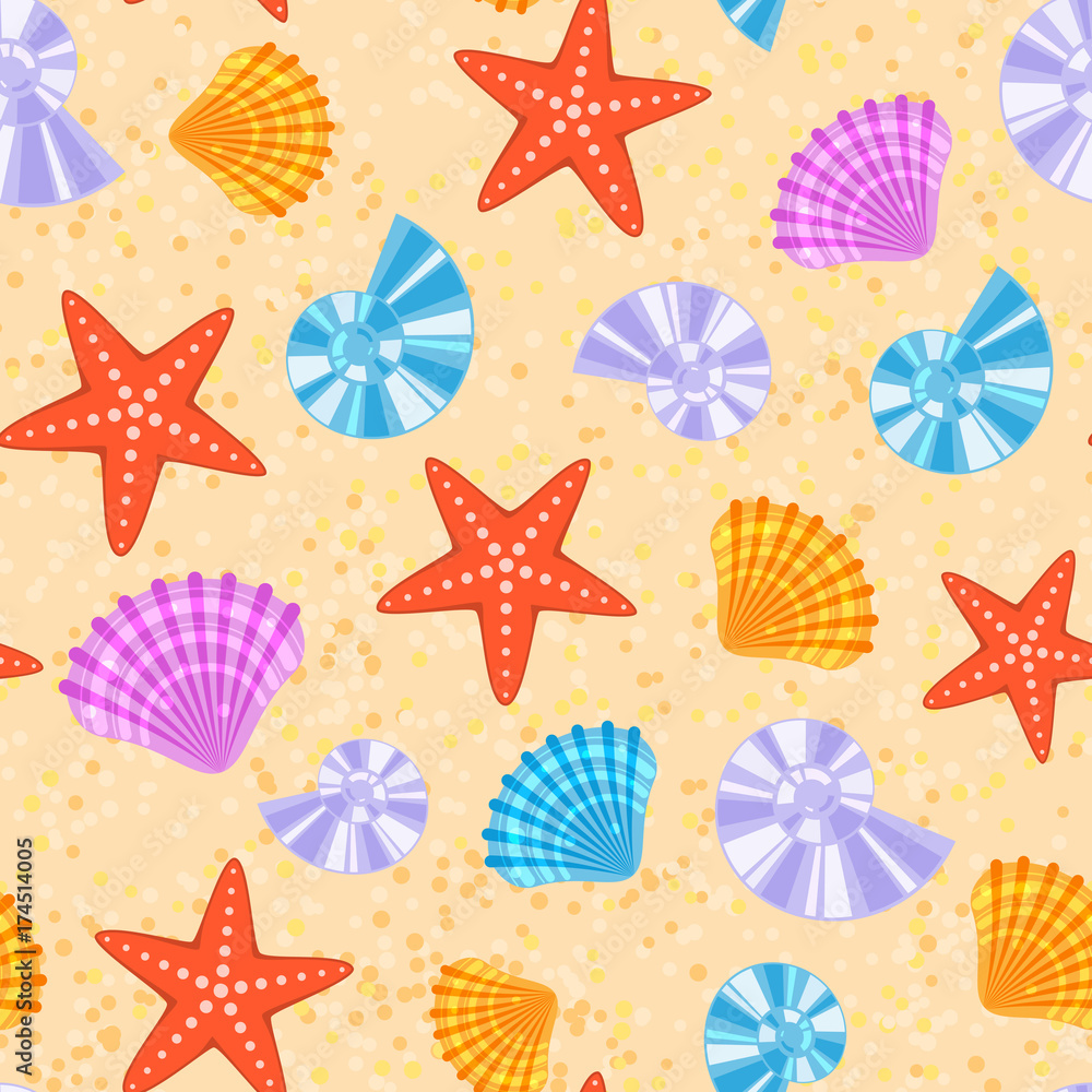 Sea shells and stars marine cartoon clam-shell seamless pattern background vector illustration Sea shells and stars marine cartoon clam-shell seamless pattern background vector illustration