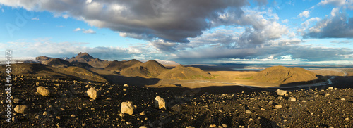 Illuminated panoramic landscape with mountains, glacier and lake in Iceland. Beautiful midnight sun scenery.