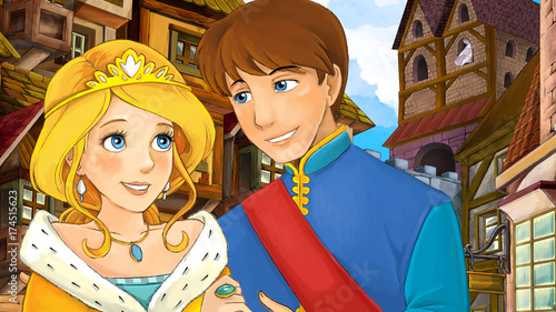 Cartoon scene of beautiful prince and princess in the old town - castle in the background - illustration for children