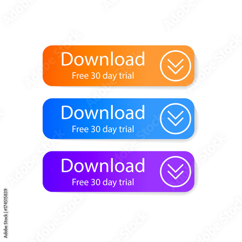 Set of download buttons on white background. Free 30 days trial