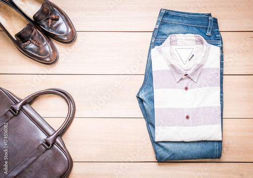 Clothing for men on the wooden background
