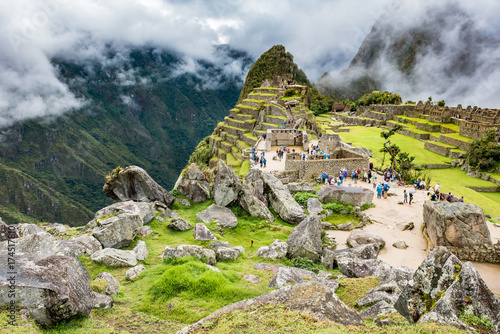 Wide angle view of Machu Picchu from rock quary toward una picchu