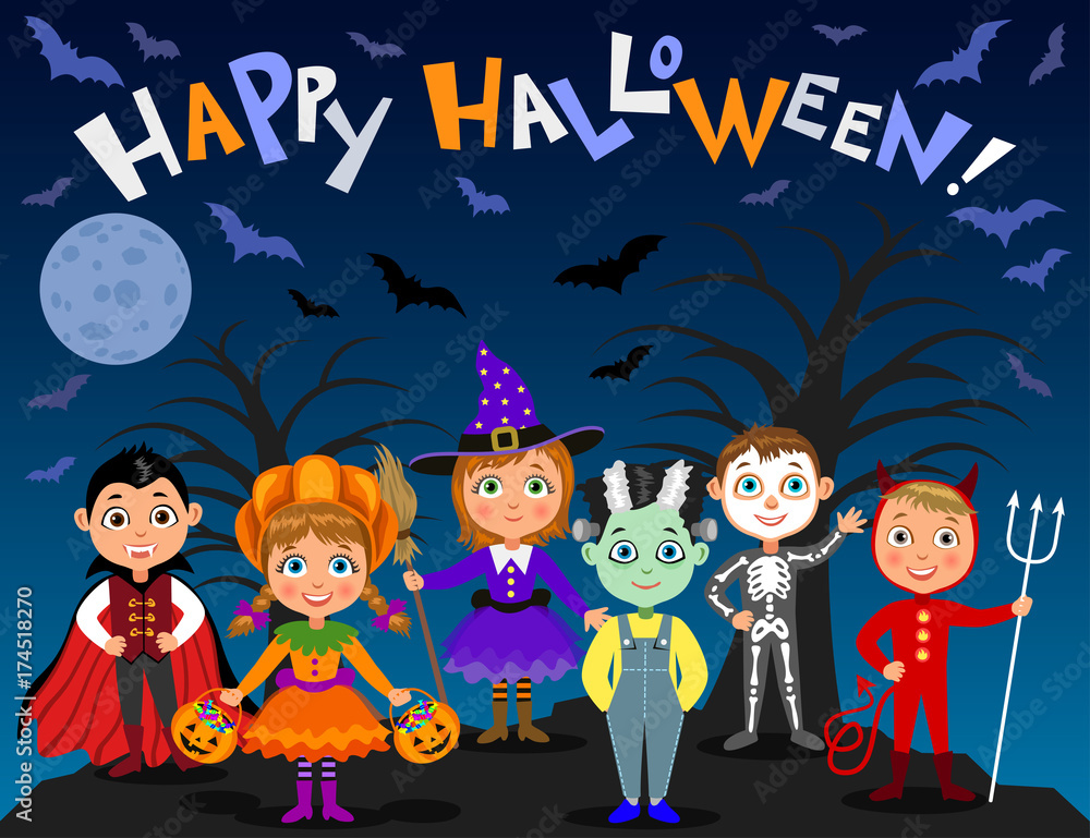 Happy Halloween. Children in halloween costumes. Vampire Dracula, devil, witch, pumpkin, zombie, skeleton. Boys and girls on nights background. Vector characters. Happy Halloween. Children in halloween costumes. Vampire Dracula, devil, witch, pumpkin, zombie, skeleton. Boys and girls on nights background. Vector characters.