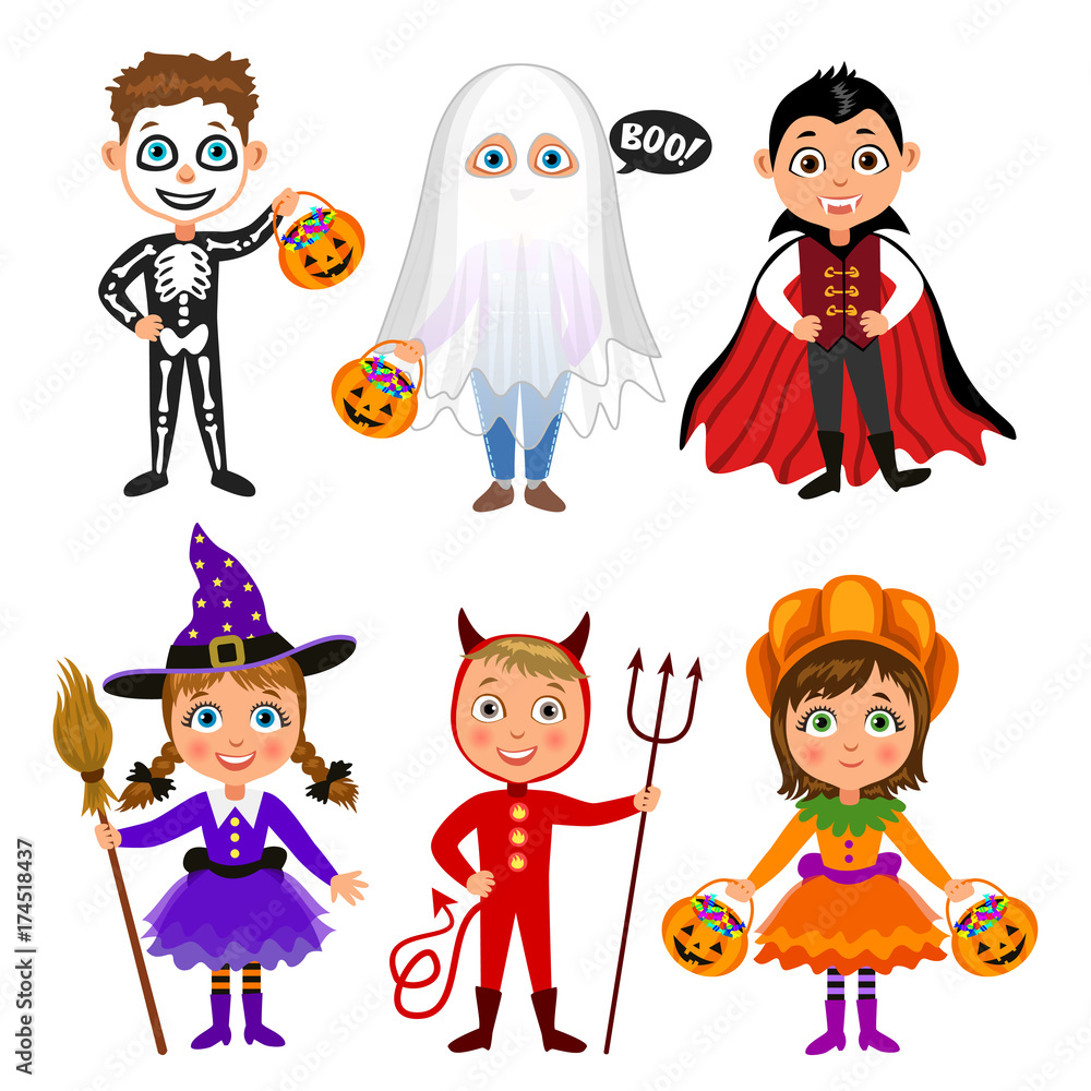 Set of cute cartoon children in halloween costumes. Vampire Dracula, devil,  witch, pumpkin, ghost, skeleton. Halloween boys and girls. Vector  characters. Stock Vector | Adobe Stock