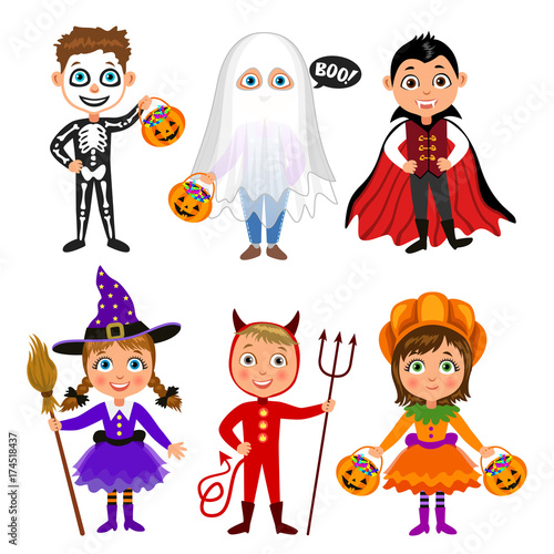 Set of cute cartoon children in halloween costumes. Vampire Dracula, devil, witch, pumpkin, ghost, skeleton. Halloween boys and girls. Vector characters.