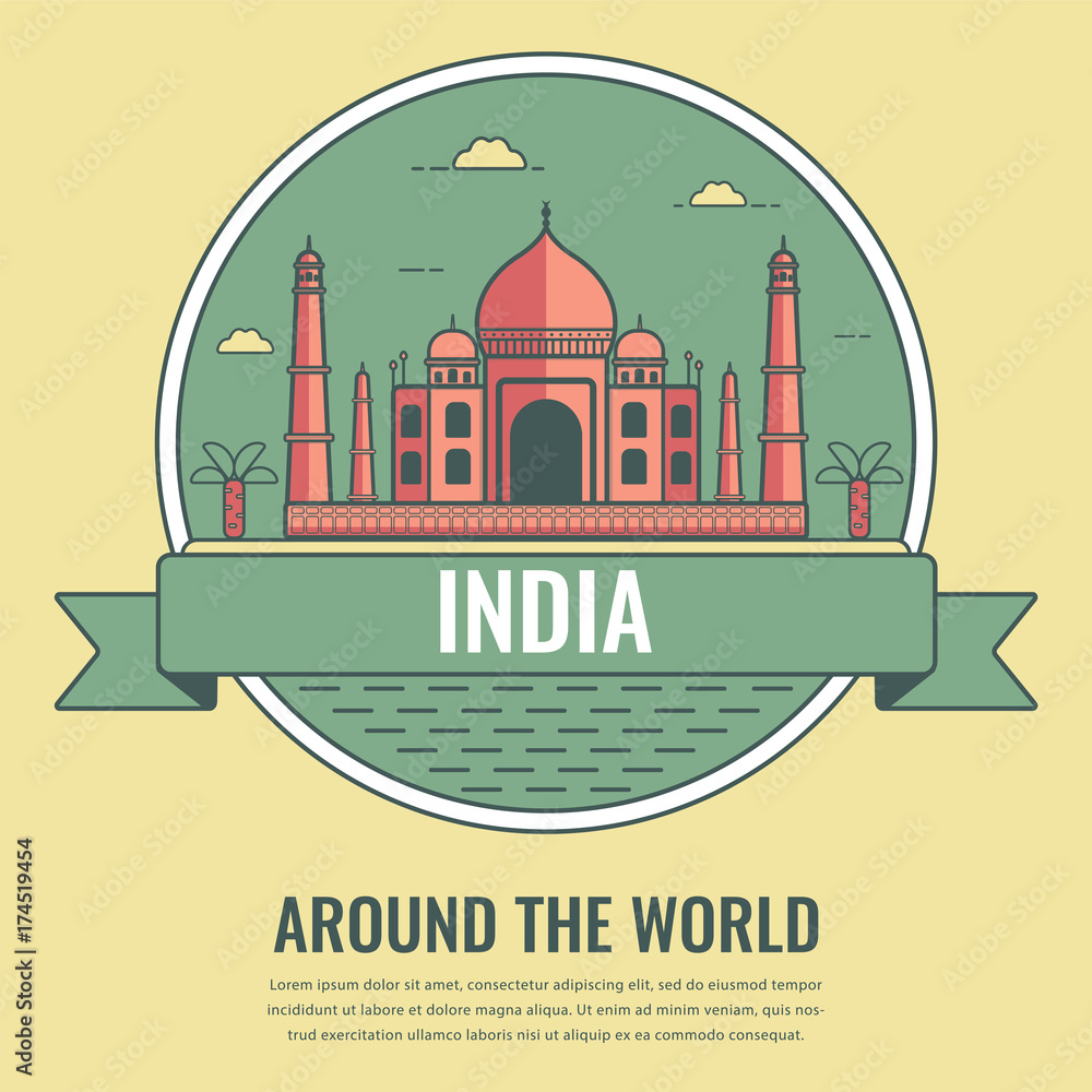 World landmarks. India. Travel and tourism background. Line art style. Vector 